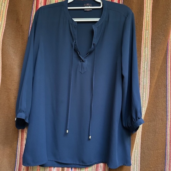 RAFAELLA NAVY 3/4 SLEEVE BOHO BLOUSE W/ TASSELS- S-M - Picture 2 of 5